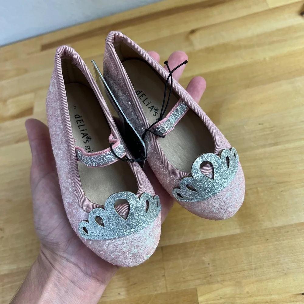 dELiA*s girl Ballet Flat Little Girls Size 5 Pink Glitter Tiara Crown New